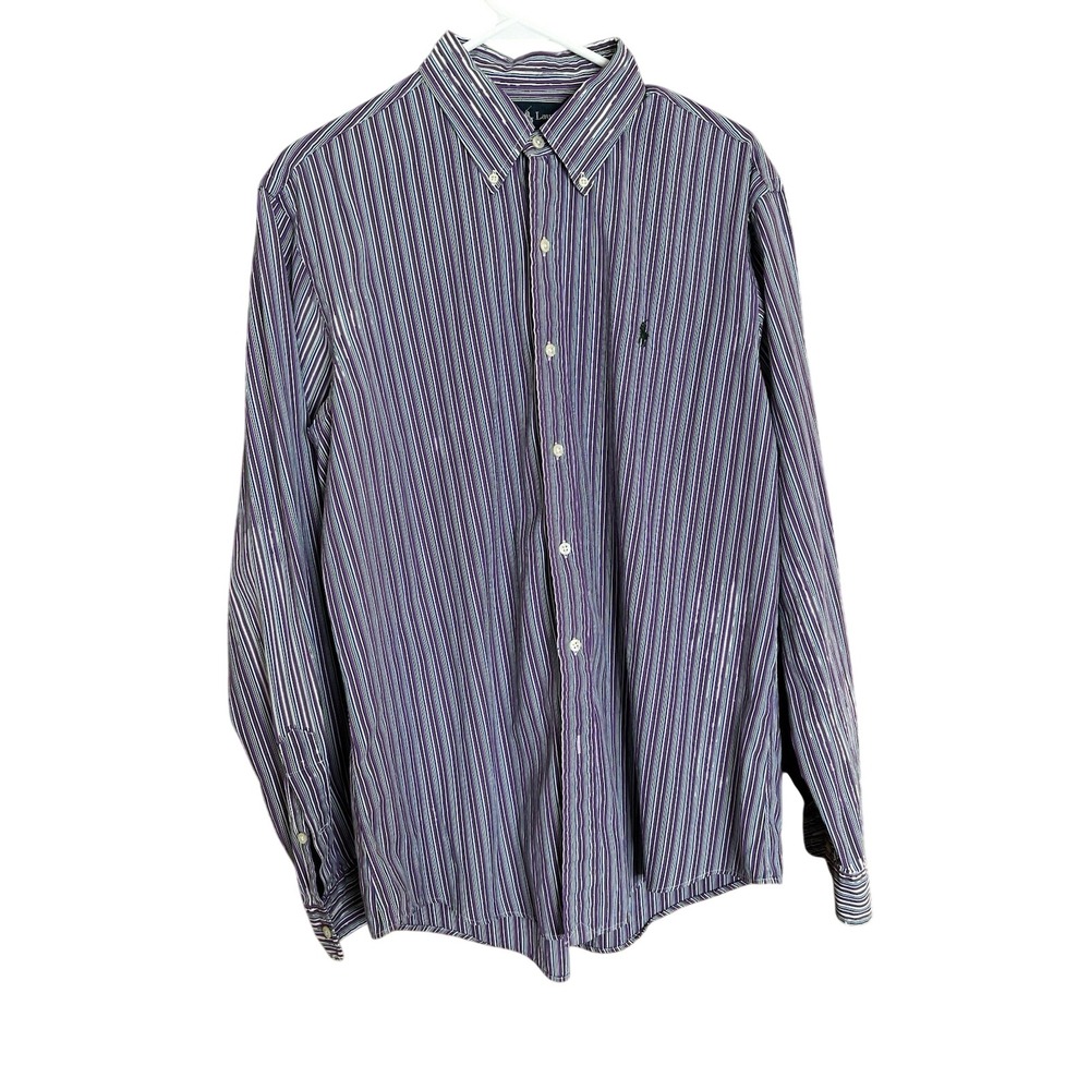 Ralph Lauren Button Down Shirt Men's L 100% Cotton Custom‎ Fit Stripes Purple